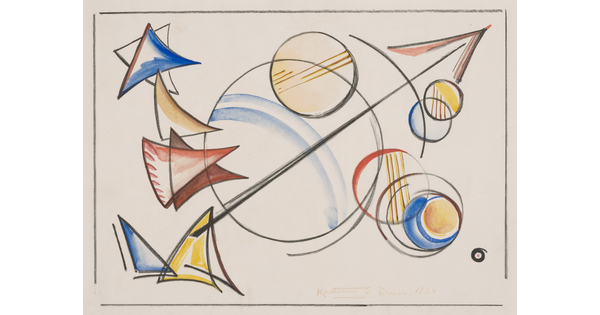 An abstract color print of circles and triangles in primary colors with black accents scattered across the paper.