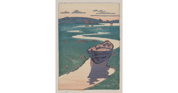 A color landscape print of an empty boat on a narrow, meandering stream under a pink and orange sky.