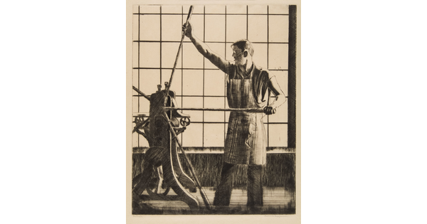 A black-and-white print of a White man working a printing press in front of large muntin window.