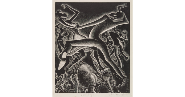 An abstract black-and-white print of Black men and women in suits and dresses dancing above people playing brass and woodwind instruments.