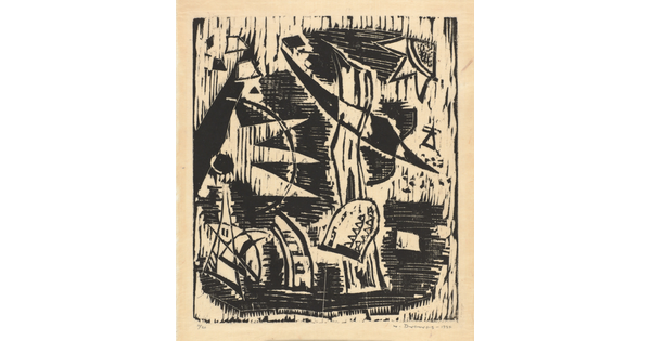 An abstract black-and-white print of overlapping organic shapes that resemble leaves, stems, and bark.
