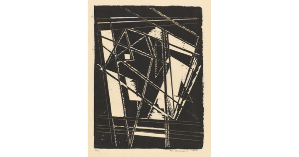 An abstract black-and-white print of prominent, angular black shapes and lines creating bold rectangles, triangles and negative spaces.