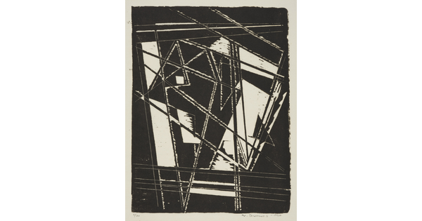 An abstract black-and-white print of prominent, angular black shapes and lines creating bold rectangles, triangles and negative spaces.