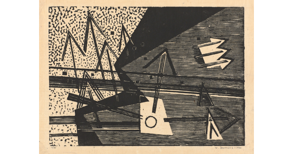 An abstract black-and-white print of black zig-zag shapes with varying textures and black arrows pointing in all directions.