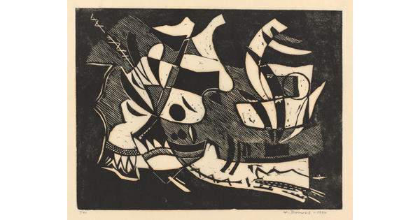 An abstract black-and-white print of various organic shapes alternating black and white, and pointed teeth-like shapes on the bottom left.