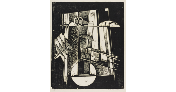 An abstract black-and-white print with various rectangles, lines, and circles all intersecting.