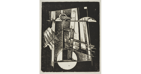 An abstract black-and-white print with various rectangles, lines, and circles all intersecting.