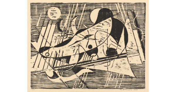 An abstract black-and-white print with various straight and curved lines, filled-in shapes, on a textured wood-like background.