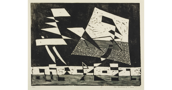An abstract black-and-white print with several large rectangular and triangular forms above a row of smaller rectangular and triangular forms.