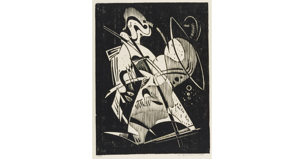 An abstract black-and-white print of curved shapes, diagonal lines, and shaded forms.