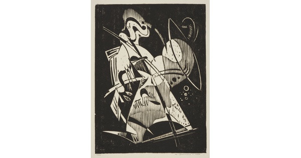 An abstract black-and-white print of curved shapes, diagonal lines, and shaded forms.