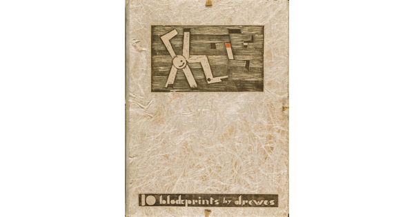 A sepia-colored print on handmade paper of a rectangle with wood-like shapes that resemble pinwheels; text at the bottom reads, "10 blockprints by Drewes."