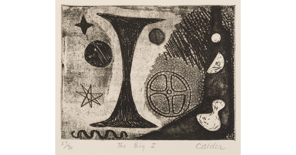 An abstract black-and-white print of a variety of organic shapes including an hourglass, stars, circles, a gear, squiggles, and other forms.