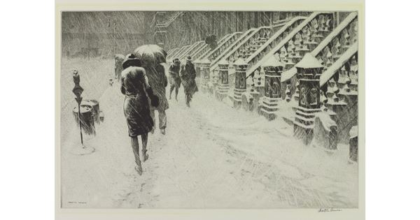 A black-and-white print of people walking along a city street during a snowstorm.