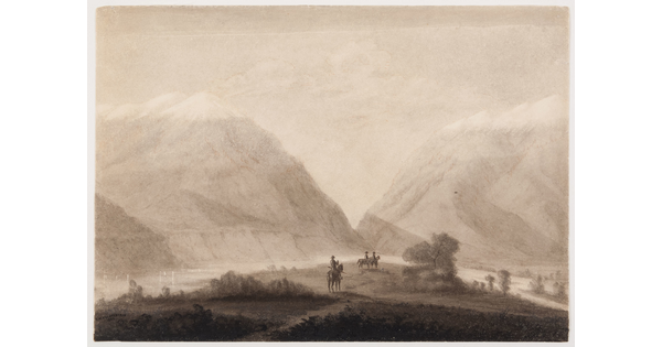 A black-and-white ink drawing of three people on horses moving through a field in front of two large mountains.