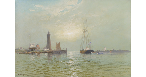 A watercolor of a harbor at sunrise that includes a lighthouse and a boat with tall masts.