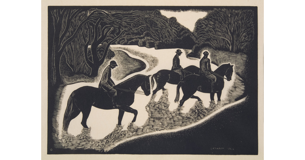 A black-and-white print of three men on horses traveling through a stream surrounded by dense trees.