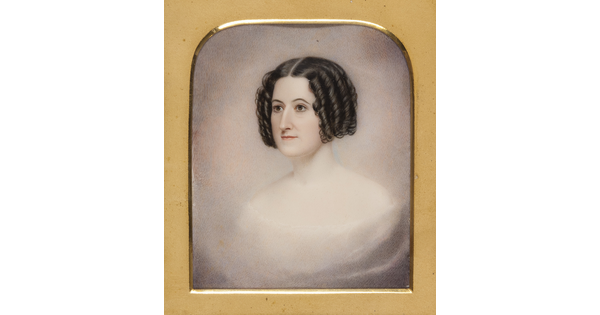 A watercolor portrait of a young White woman from the shoulders up, her dark hair styled in banana curls, looking off into the distance.