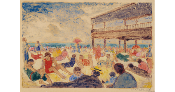 A color print of a crowded beach filled with many White people in colorful clothes near a boardwalk, all under a cloudy sky.