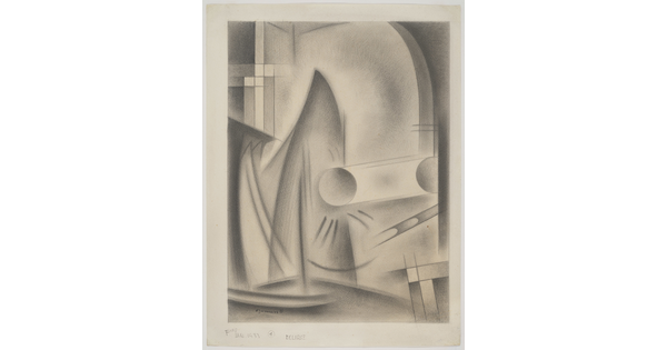 An abstract black-and-white drawing of various geometric and organic shapes, including two circles that are lined up horizontally.