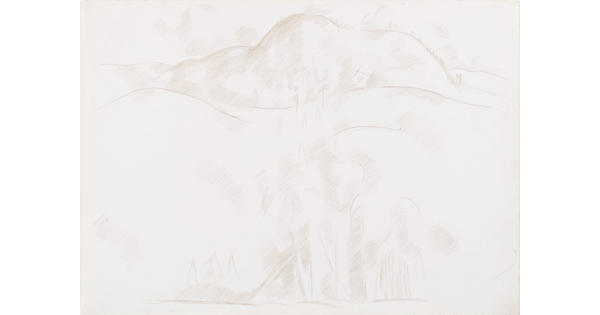 A drawing in tan on white paper of hills, tree-like forms, and shadows.