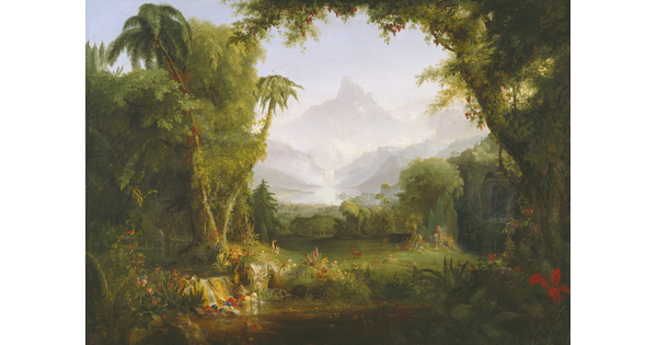 A lush, green landscape painting with two small, nude figures marveling at nature.