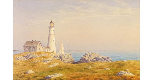 A landscape watercolor of a lighthouse on a rocky coast overlooking the sea.