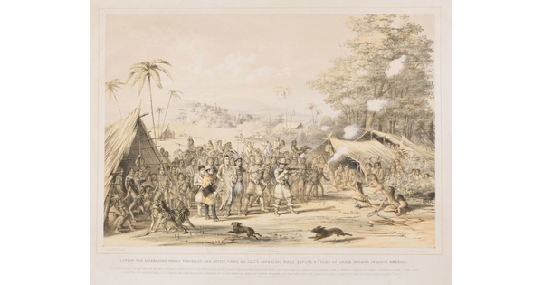 A color print of several White men and a group of Native American men surrounding a White man pointing a rifle at Indigenous women and children.