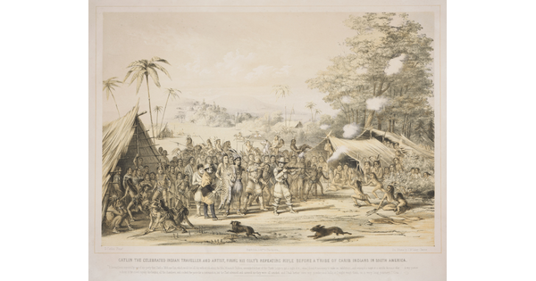 A color print of several White men and a group of Native American men surrounding a White man pointing a rifle at Indigenous women and children.