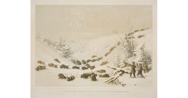 A muted color print of three White men holding guns and several dead bison lying in the snow.