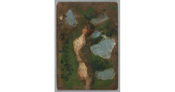 An oil painting study of a White male nude figure seen from behind standing against a green and blue background.