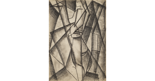 An abstract black-and-white drawing of a nude woman in profile partially composed from the bold, vertically-oriented rectangular and triangular shapes that surround her.