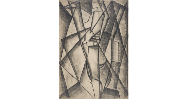 An abstract black-and-white drawing of a nude woman in profile partially composed from the bold, vertically-oriented rectangular and triangular shapes that surround her.