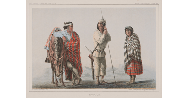 A color print of three Indigenous people standing next to a horse.