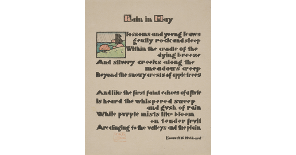 A color print of a poem printed in blocky, brown text with a small illustration of a rainy landscape in the upper left corner.