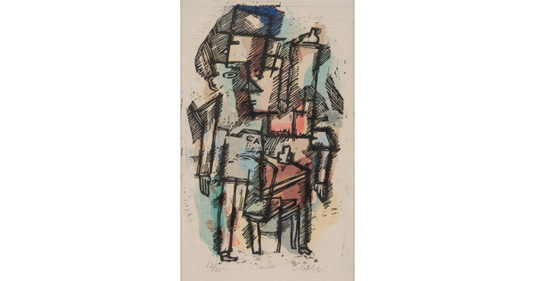 A color print of abstracted men suggested by hints of legs, hands, and faces.