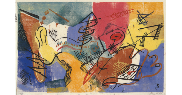 An abstract color print of freeform shapes in green, red, yellow, blue, and orange and black curved and straight lines.