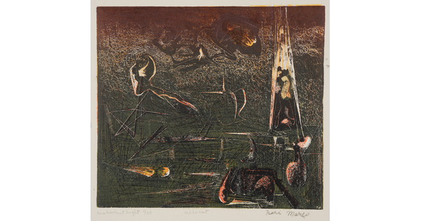 An abstract color print of muted green, red, and beige lines and forms.