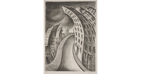 A black-and-white print of a distorted cityscape that includes skyscrapers and a road going through the middle.