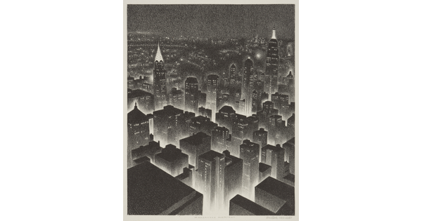A black-and-white geometric print of a bird's eye view of a New York City at night.