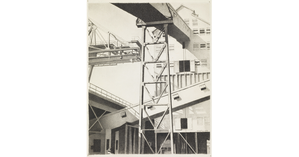A black-and-white drawing of a multi-story, industrial building with chutes and ramps.