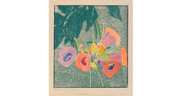 A color print of very brightly colored flowers next to green leaves against a speckled green background.