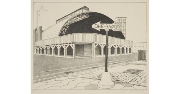 A black-and-white print of large, domed building next to a street with a "one-way" street sign posted on the brick sidewalk next to it.