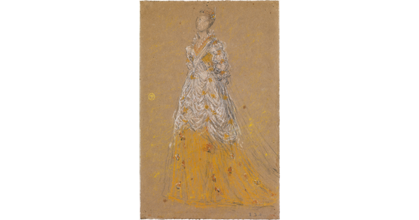 A pastel drawing of a woman with her hands behind her back wearing a flowing white and yellow gown.