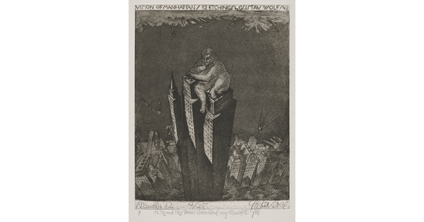 A black-and-white print of three skyscrapers towering over the rest of skyline with a larger-than-life nude person sitting on top of the skyscrapers.
