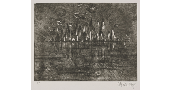 A black-and-white print of abstract planets and star-shapes over a city skyline.