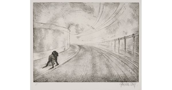 A black-and-white print of a paved tunnel with a rough sketch of an animal-like figure on the sidewalk.