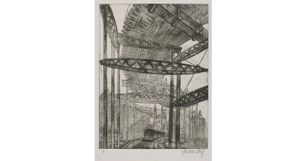 A black-and-white print of a bridge seen from below and a train traveling beneath it.