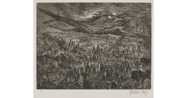 A black-and-white print of a city skyline from above with large mythical, half-bird, half-fish creatures flying in the clouds above the city.