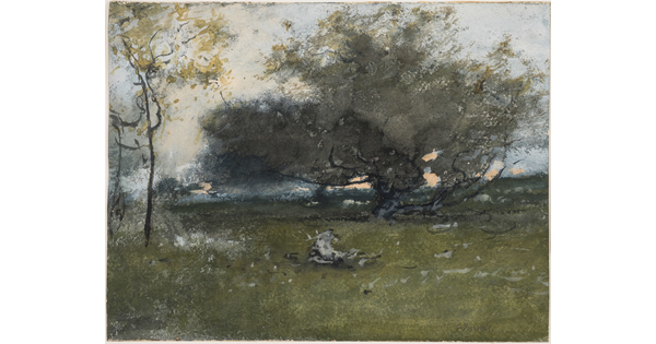 An impressionist-style watercolor of a large apple tree surrounded by grass.